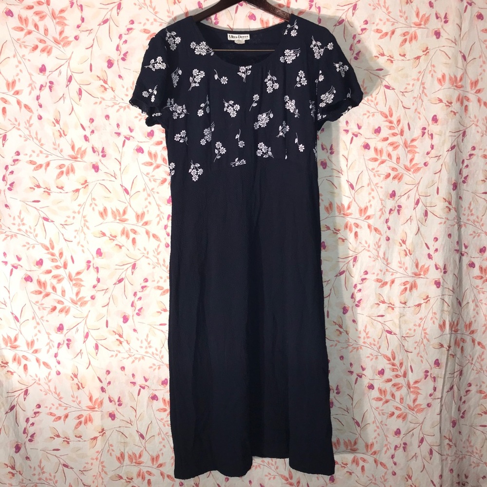 **Vintage Ultra Dress NY Navy Blue White Flowers Dress Size 16